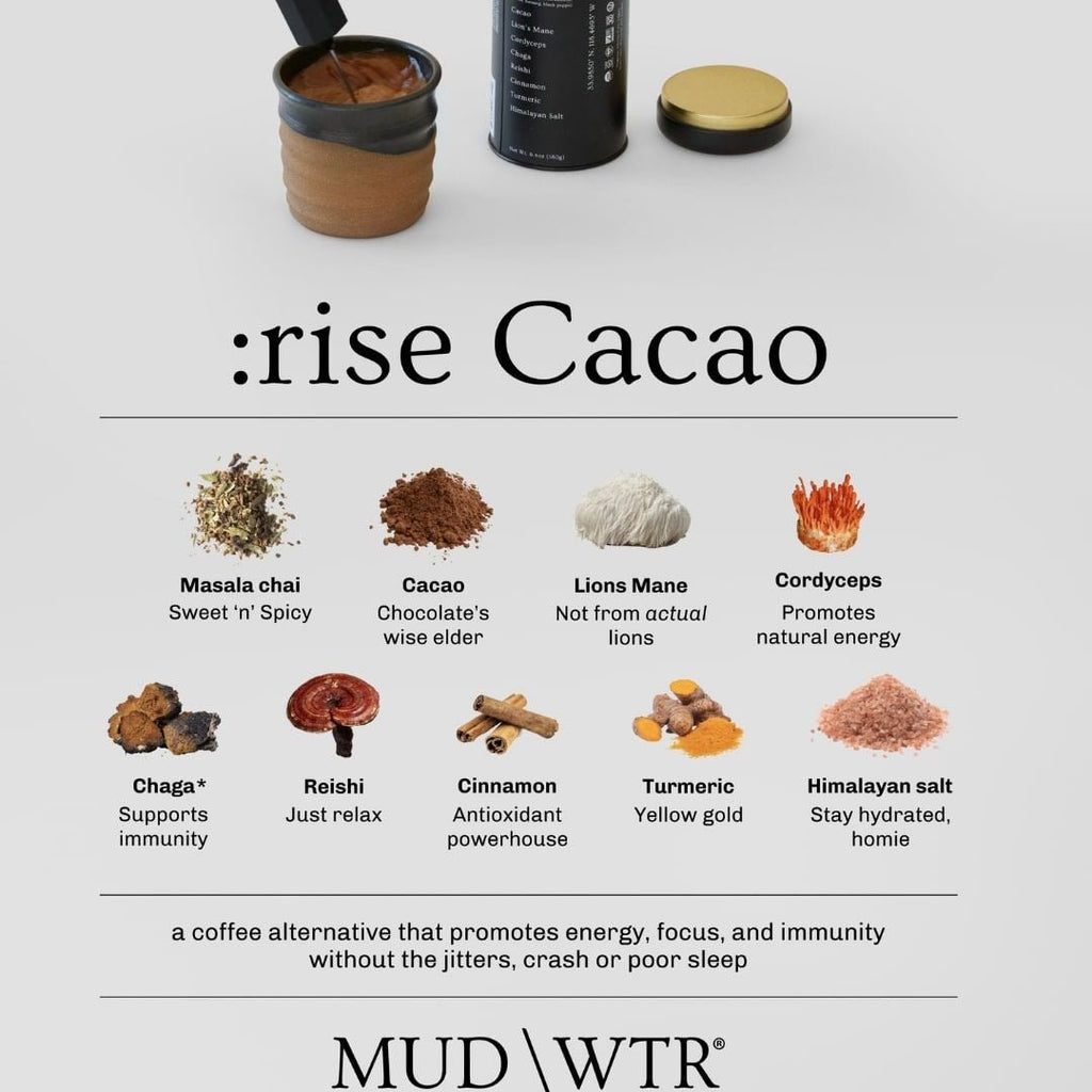 :rise-Cacao-Coffee-Alternative-Mushroom-Drink-by-MUD\WTR-7 Perfect gift idea for men and women. Gift idea boyfriends. Gift idea for fathers.